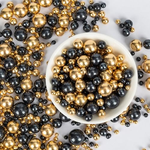 Edible Pearl Sprinkles for Cake Decorating,Black Gold Candy Sprinkle Mix by Sugarzy