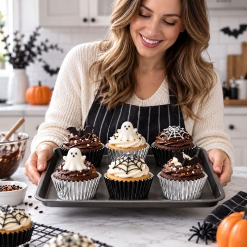 JarThenaAMCS 200Pcs Halloween Foil Cupcake Liners Black Silver - Image 6