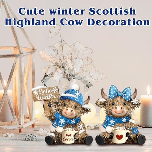2 Pack Winter Highland Cow Figurine Decor, Resin Table Decor - Image 5