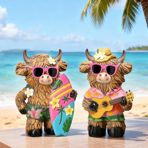 2 Pcs Highland Cow Figurines, Summer Beach Hawaii Decor - Image 6