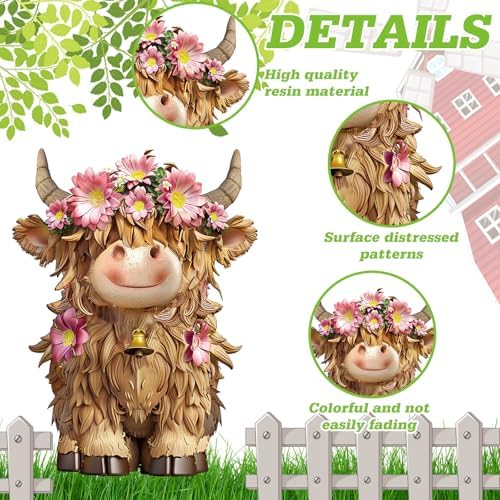 2 Pcs Highland Cow Figurines Decor, Pink Daisy Flower Style - Image 4