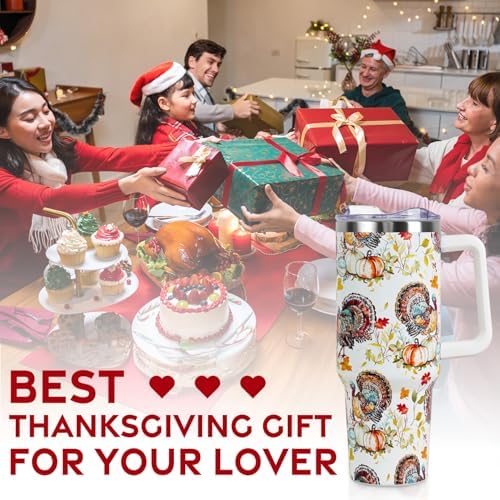 Thanksgiving Tumbler with Handle and Straw Lid 40 oz,Cute Thankful Thanks Turkey Pumpkin Gifts for Women Vacuum Insulated Leak Proof Tumbler,Winter Holiday Accessories Stainless Steel Coffee Cup Mug - Image 7