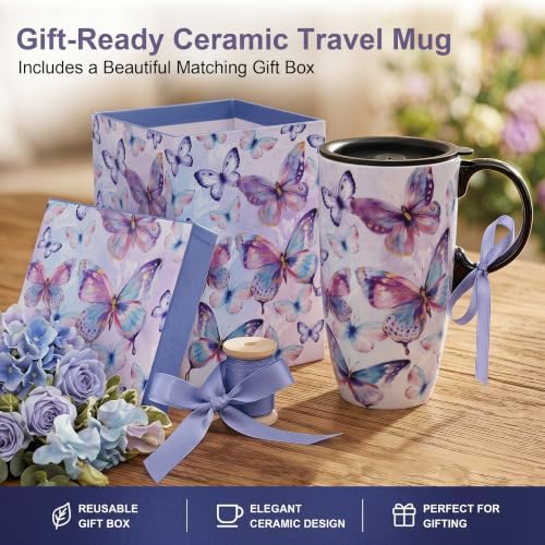 Topadorn 17oz Ceramic Travel Mug with Lid, Watercolor Butterfly Coffee Mug - Image 4