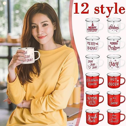 Christmas Coffee Mug Set of 12, 12 oz Red White Enamel Cup, Believe - Image 5