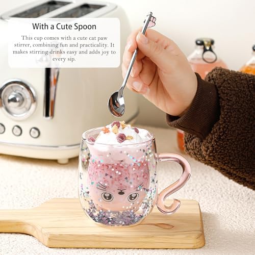 Gifts for Women Cat Gifts Double Walled Glass Coffee Latte Cup Cute Stuff Cat Mug Gifts for Her Christmas Stocking Fillers,Birthday,Valentines,Halloween Presents for Women,Kid,Mum,Teacher - Image 3