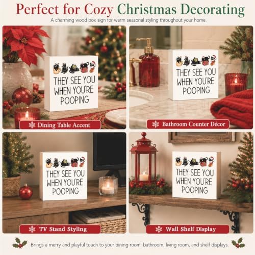 Christmas Bathroom Decor, Funny Black Cat Christmas Decorations, Bathroom Table Decoration They See You When You're Pooping Wooden Box Sign, Home Shelf Desk Decor for Toilet 5x5 Inches - Image 5