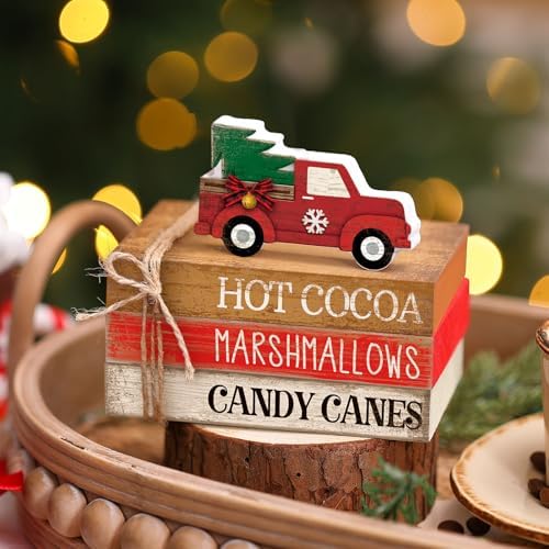 4 Pcs Christmas Tiered Tray Decor Red Truck Wooden Book Signs - Image 3