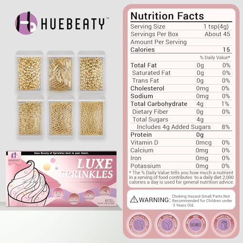HUEBEATY® 6-in-1 Metallic Gold Dragees Sprinkles for Cake Decorating, Cupcakes & Cookies | 180g/6.36oz | Birthdays, Weddings, Holiday, Christmas Fancy Gold Cake Candy Pearls Sprinkles and Decorations - Image 2