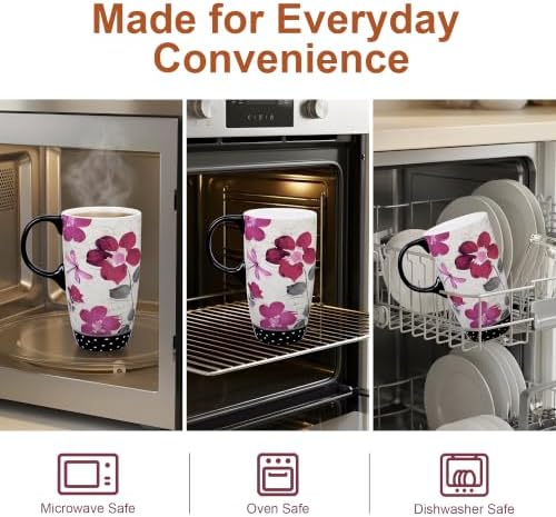 Topadorn 17oz Ceramic Travel Mug with Lid, Pink Floral Coffee Mug for Women - Image 6
