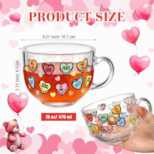 Sliner 6 Pcs Valentines Day Candy Heart Glass Coffee Mugs with Handle, 16 oz Clear Love Conversation Coffee Mugs Irish Glasses Cups for Valentine Gifts Beverages Latte Hot Chocolate(Conversation) - Image 2