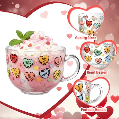 Sliner 6 Pcs Valentines Day Candy Heart Glass Coffee Mugs with Handle, 16 oz Clear Love Conversation Coffee Mugs Irish Glasses Cups for Valentine Gifts Beverages Latte Hot Chocolate(Conversation) - Image 4