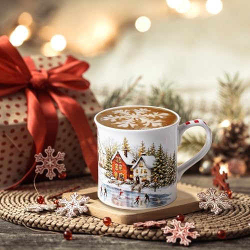Christmas Snowy Village Coffee Mug, 12oz Ceramic Winter Mug with Vintage Town, Pine Trees, Ice Skating & Snowman, Festive Holiday Gift for Christmas, Designed in England by Harvest Green Studio - Image 2
