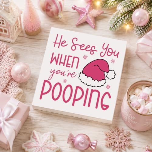 Pink Christmas Bathroom Decor, Funny Santa Hat Christmas Wooden Box Sign - Image 4