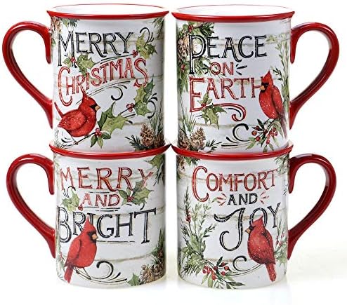 Certified International Evergreen Christmas 16 oz Ceramic Mugs – Set of 4 – Holiday Cardinal Design with Festive Sayings – Durable Stoneware Drinkware for Hot Cocoa, Coffee, Tea & Winter Gifting by CERTIFIEDINTERNATIONAL