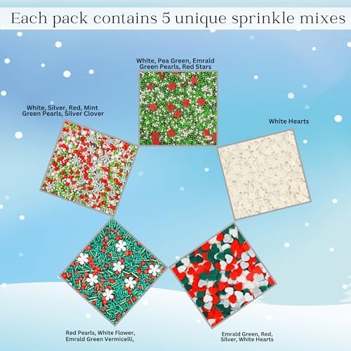 Confect Christmas Sprinkles | Sprinkles for Baking & Cake Decorative | Assorted pack of 5 Silver, Red, Green & White I Heart, stars, Snowflakes sparkling sugar | Cookie sprinkles| Dessert Decorating - Image 2