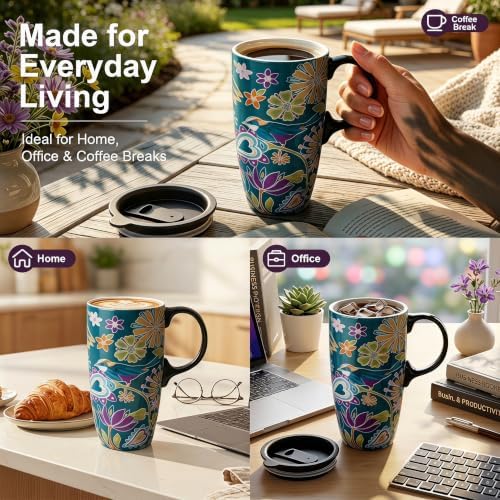 Topadorn 17oz Ceramic Travel Mug with Lid, Bird Floral Coffee Mug - Image 3
