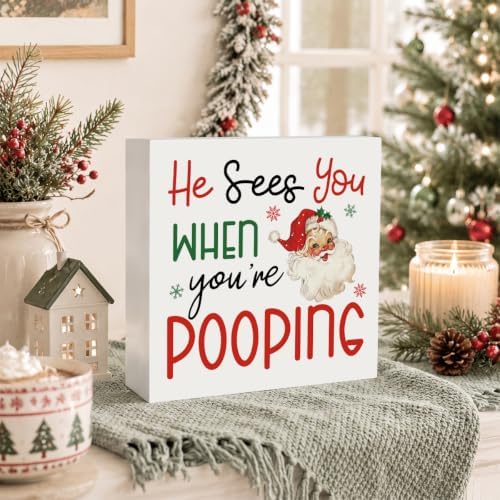 Christmas Bathroom Decor, Funny Christmas Santa Decorations Wooden Box Sign - Image 4
