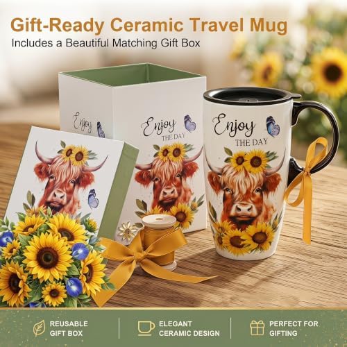 Topadorn 17oz Ceramic Travel Mug with Lid, Highland Cow Coffee Mug - Image 4