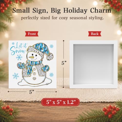 Blue Christmas Decorations, Christmas Decorations Indoor, Glitter Snowman Snowflake Sign Gift for Women Friends, Rustic Wooden Box Sign for Home Office Bedroom Desk Decor 5x5 Inches - Image 2