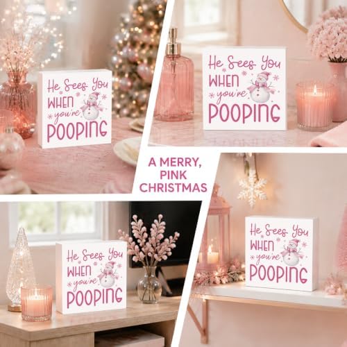 Christmas Bathroom Decor, Funny Pink Christmas Decorations, Bow Snowman Bathroom Table Decoration He Sees You When You're Pooping Wooden Box Sign, Home Shelf Desk Decor for Toilet 5x5 Inches - Image 5