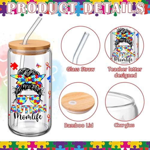 SiliFine Autism Teacher Appreciation Gifts, 6 Pcs Glass Cups with Lids - Image 4