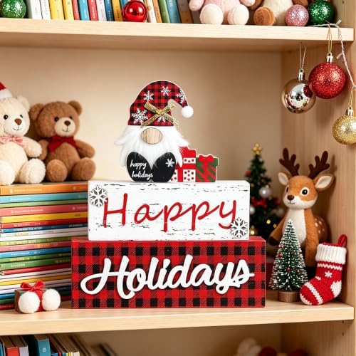 MEETYAMOR Christmas Decor, Large Size 3-Layered Gnome Wood Block with Happy Holidays Sign Christmas Table Decor, Farmhouse Rustic Xmas Decorations Indoor for Home, Mantle, Shelf, Living Room - Image 4