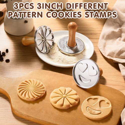 Cookie Stamps, Metal Christmas Cookies Press Cutter Mold with Wooden Handle, Cookie Decorating Supplies for DIY Baking, Cake, Pastry, Christmas (Silver-3*) - Image 2