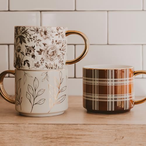 Sweet Water Decor Brown Plaid Mug with Gold Handle, 14oz Fine Bone China Coffee Cup for Tea, Latte, or Hot Cider, Cozy Fall Drinkware, Housewarming & Hostess Gift for Autumn and Thanksgiving - Image 4