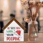 He Sees You When You're Pooping Sign, Funny Christmas Bathroom Decorations - Image 5