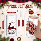 Vesici 6 Set Christmas Glasses Cups 16 oz Xmas Drink Cup with Lid Straw and Stopper Can Shaped Beer Tumbler Christmas Appreciation Gifts with Cards and Bow for Women Birthday Party Favor(Red Plaid) - Image 3