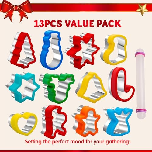 JOYIN 13PCS Christmas Cookie Cutters Set in Stainless Steel with a Rolling Pin for Xmas Holiday Party Baking Supplies, Gingerbread Men, Socks, Christmas Tree, Snowflake, Candy Cane for Baking - Image 2