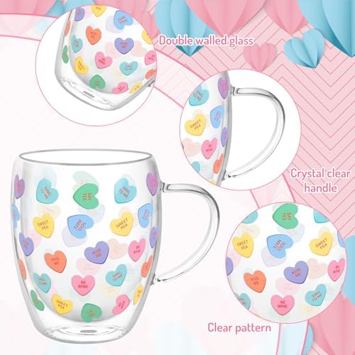 JarThenaAMCS Valentine' s Day Double Wall Glass Coffee Mugs Insulated Glasses 12Oz Candy Conversation Heart Clear Espresso Cups with Handle for Home Holiday Supplies, Set of 2 - Image 3