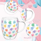 JarThenaAMCS Valentine' s Day Double Wall Glass Coffee Mugs Insulated Glasses 12Oz Candy Conversation Heart Clear Espresso Cups with Handle for Home Holiday Supplies, Set of 2 - Image 3
