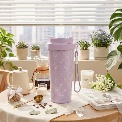YOME 17oz Elegant Purple Bow Ceramic Lined Insulated Coffee Mug with Infuser for Women Gift | One-handed Pop Open Lid | Stainless Steel |Keep Drinks Cold and Hot| 100% Leak Proof - Image 2