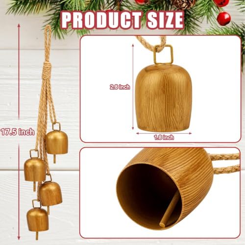 Christmas Bells for Decoration, Vintage Gold Bells with Jute Hanging Rope - Image 2