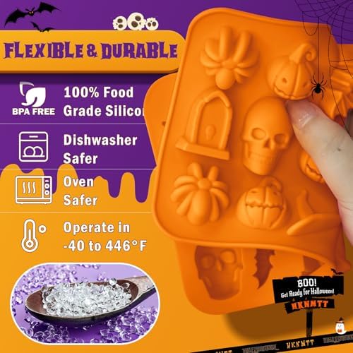 Halloween Molds Silicone for Chocolate 4 Pack, 3D Halloween Chocolate Candy Gummy Mold Skull Pumpkin Bat Ghost Witch Hat Spider tombstone Shapes Mold - Image 3