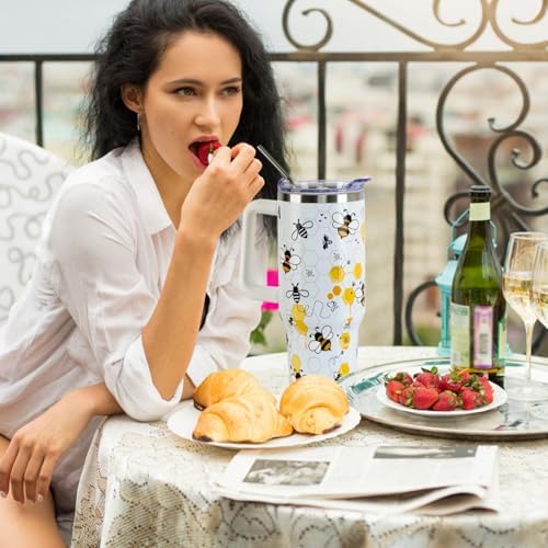 Spring Summer Bee Tumbler with Handle and Straw Lid 40 oz,Cute Be Kind, Different, Queen Bee Honeycomb Gift for Women Men Vacuum Insulated Leak Proof Stainless Steel Coffee Cup Mug - Image 2
