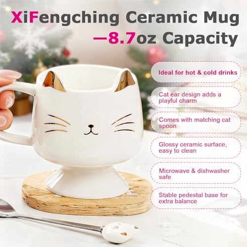 Christmas Mugs High-Footed Ceramic Cat Mug – 13.5oz Unique Coffee Cup with kitty Expression Design, Fun Gift for Women, Girls, Kids, Cat Lovers (white) - Image 4