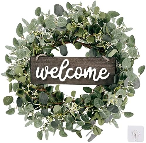 Sggvecsy Green Eucalyptus Leaf Wreath with Welcome Sign 20in Artificial Eucalyptus Wreath Spring Summer Wreath for Front Door Wall Window Farmhouse Festival Porch Patio Garden Decor by Sggvecsy