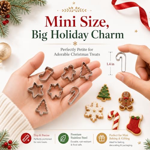 Mini Christmas Cookie Cutters Set 20 Pieces Stainless Steel Cookie Cutter Set for Baking -Christmas Tree,Snowman,Reindeer,Santa Face, Star,Stocking,Candy Cane,Gingerbread Man and More - Image 3