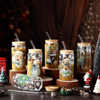 6 Set Christmas Glasses Cups with Bamboo Lid and Glass Straw 16 oz Vintage Christmas Drinking Cup Santa Gingerbread Beer Iced Coffee Cup Xmas Tumbler Mugs for Women Men Holiday Party Gifts - Image 6