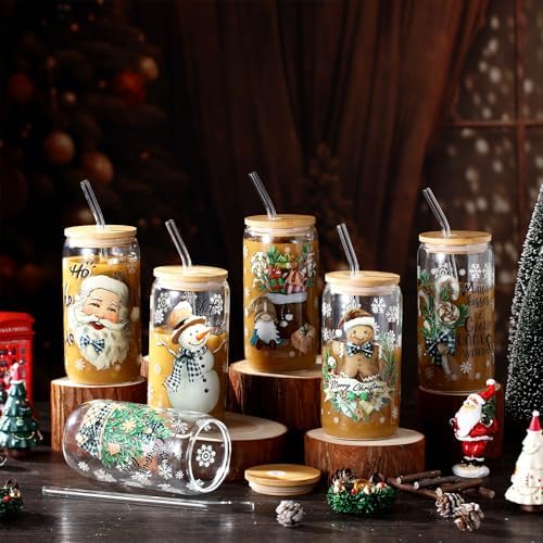 6 Set Christmas Glasses Cups with Bamboo Lid and Glass Straw 16 oz Vintage Christmas Drinking Cup Santa Gingerbread Beer Iced Coffee Cup Xmas Tumbler Mugs for Women Men Holiday Party Gifts - Image 6
