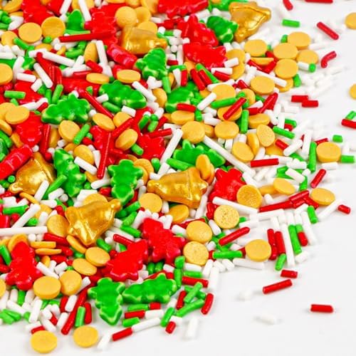 Edible Jimmies Sprinkles for Cake Decorating, 150g/5.29oz, Green & Red Tree Sprinkles, Gold Bell Yellow Nonpareils & White Sugar Mix, Cookies Cupcake Decorations, Baking Party Birthday Supplies by Joyvitas