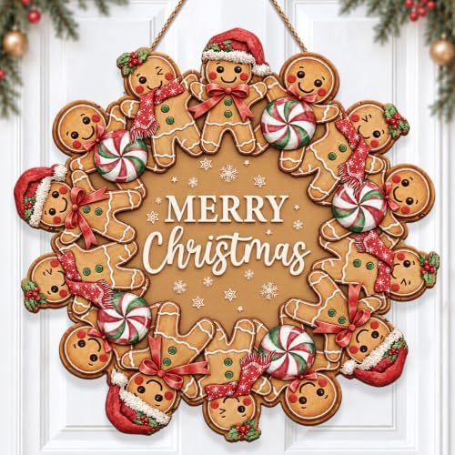Gingerbread Christmas Decorations Merry Christmas Wreath Wooden Sign by GUDIO