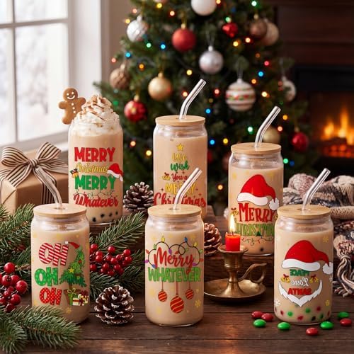 SiliFine 6 Pcs Christmas Glass Cups with Lid and Glass Straw, 16 oz - Image 2