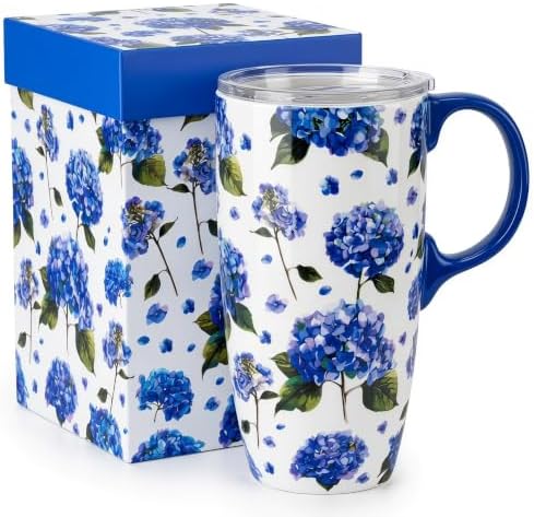Topadorn 17oz Ceramic Travel Mug with Lid, Blue Hydrangea Floral Coffee Mug by Topadorn