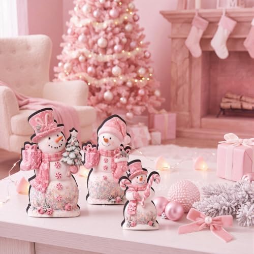 Suzile 3 Pcs Christmas Pink Candy Snowman Decoration Wooden Indoor Decor - Image 2