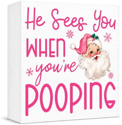 Pink Christmas Decor, Pink Christmas Bathroom Decor, Funny Santa Gift Decorations, Wooden Box Sign for Home Farmhouse Office Living Room Table Shelf Tiered Desk Bathroom Decor by Unknown