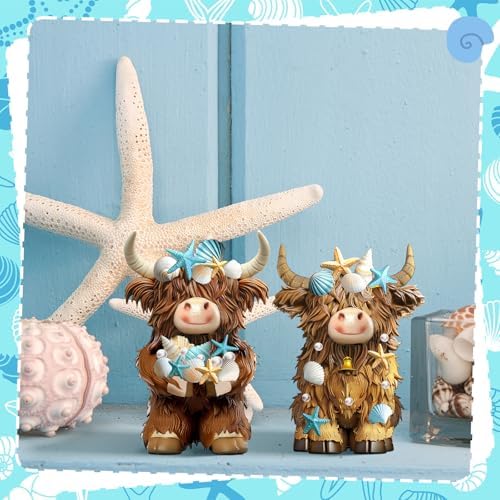 2 Pcs Coastal Highland Cow Figurines Decor, Beach Ocean Style - Image 2