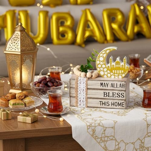 Eid Mubarak Decorations for Home Ramadan Decorations Wood Ramadan Mubarak Table Sign Golden Moon Eid Tiered Tray Sign for Islamic Muslim Table Indoor Shelf Office Gifts - Image 5